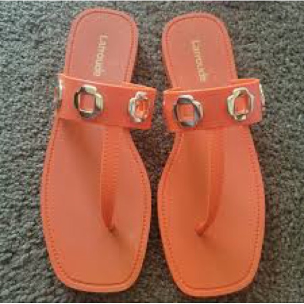 Larroude Bold Orange Sandals with Gold Accents